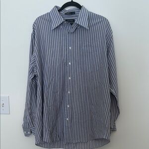 Nautica Wrinkle Free Blue Brown Striped Button Down Shirt 17.5 34/35